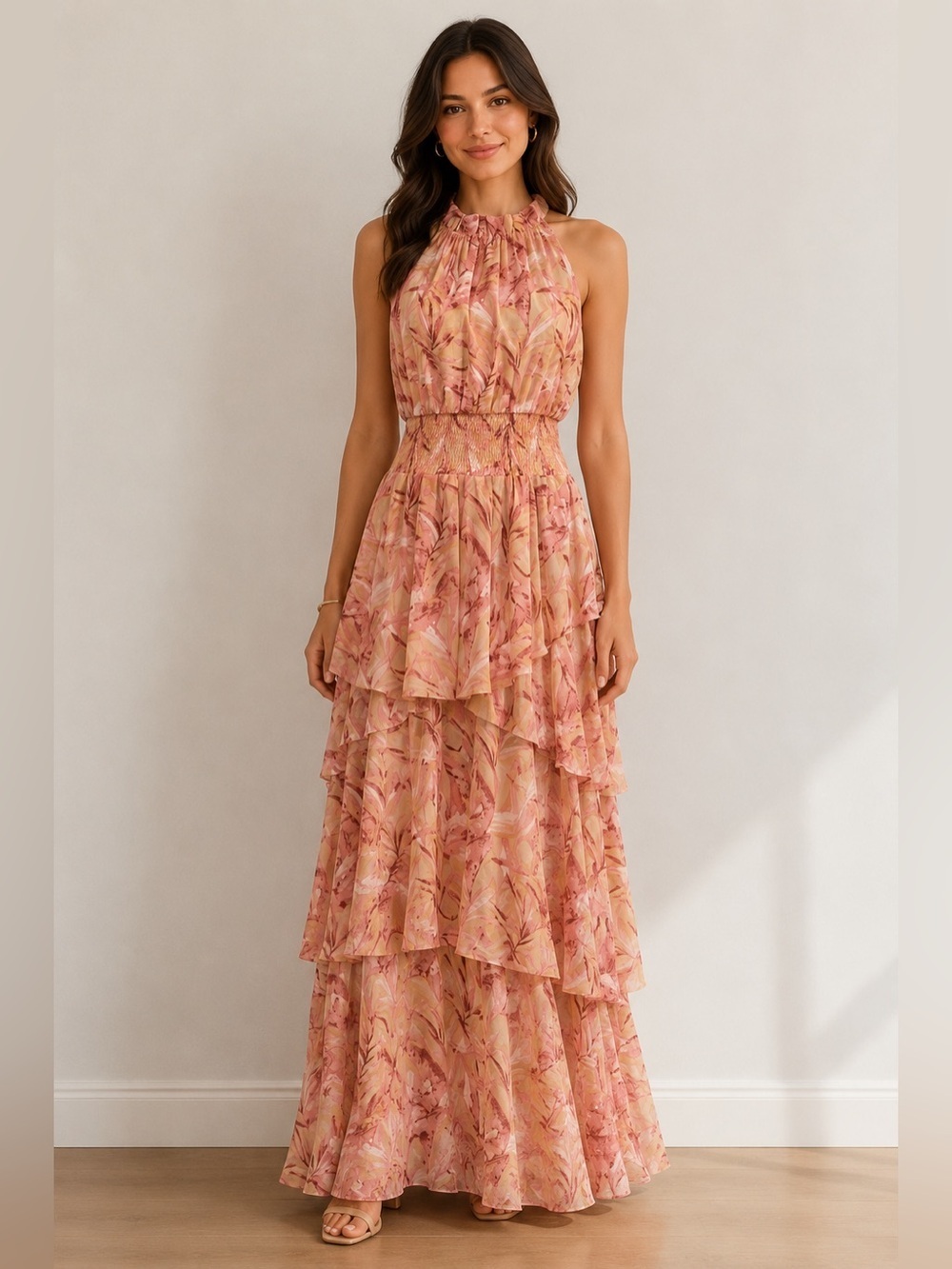 Entro Floral Tiered Maxi Dress | Halter Smocked Waist Pink Peach | Size S
